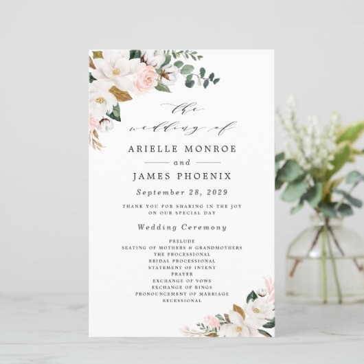 Blush Pink Gold en White Floral Wedding Programs (Staand voorkant)