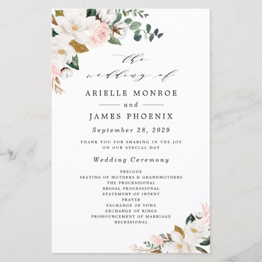 Blush Pink Gold en White Floral Wedding Programs (Voorkant)