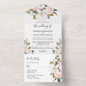 Blush Pink Gold en White Magnolia Floral Wedding All In One Uitnodiging (Binnen)