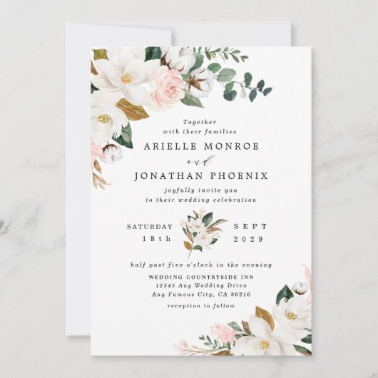 Blush Pink Gold en White Magnolia Floral Wedding Kaart (Voorkant)