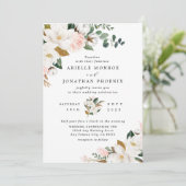 Blush Pink Gold en White Magnolia Floral Wedding Kaart (Staand voorkant)