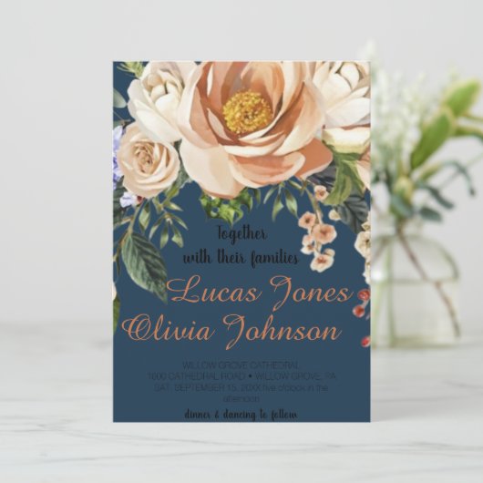 Blush Pink Gold en White Magnolia Floral Wedding Kaart (Staand voorkant)