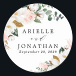 Blush Pink Gold en White Magnolia Floral Wedding Ronde Sticker<br><div class="desc">Design hebben elegante magnolia, peony roos, eucalyptus, greenery en andere waterverf elementen in witte, wazige roze of roze perzik en meer. De groene kleur heeft schaduwen van donkere en lichtgroene kleuren met bepaalde elementen die goud, antiek goud en koper bevatten. Dit klasje is veelzijdig voor verschillende trouwthema's: lente, zomer, winter,...</div>