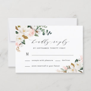 Blush Pink Gold en White Magnolia Floral Wedding RSVP Kaartje
