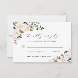 Blush Pink Gold en White Magnolia Floral Wedding RSVP Kaartje