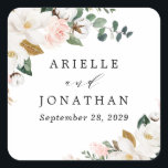 Blush Pink Gold en White Magnolia Floral Wedding Vierkante Sticker<br><div class="desc">Design hebben elegante magnolia, peony roos, eucalyptus, greenery en andere waterverf elementen in witte, wazige roze of roze perzik en meer. De groene kleur heeft schaduwen van donkere en lichtgroene kleuren met bepaalde elementen die goud, antiek goud en koper bevatten. Dit klasje is veelzijdig voor verschillende trouwthema's: lente, zomer, winter,...</div>