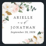 Blush Pink Gold en White Magnolia Floral Wedding Vierkante Sticker<br><div class="desc">Design hebben elegante magnolia, peony roos, eucalyptus, greenery en andere waterverf elementen in witte, wazige roze of roze perzik en meer. De groene kleur heeft schaduwen van donkere en lichtgroene kleuren met bepaalde elementen die goud, antiek goud en koper bevatten. Dit klasje is veelzijdig voor verschillende trouwthema's: lente, zomer, winter,...</div>