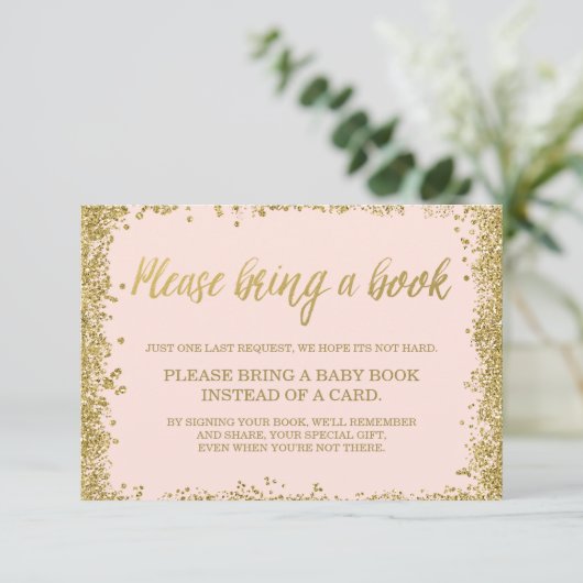Blush Pink Gold Faux Glitter Baby shower Book Informatiekaartje (Staand voorkant)