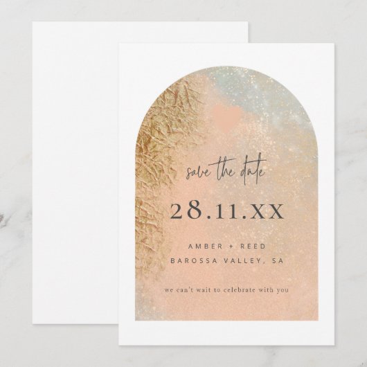 Blush Pink & Gold Faux Glitter Save The Date (Voorkant / Achterkant)