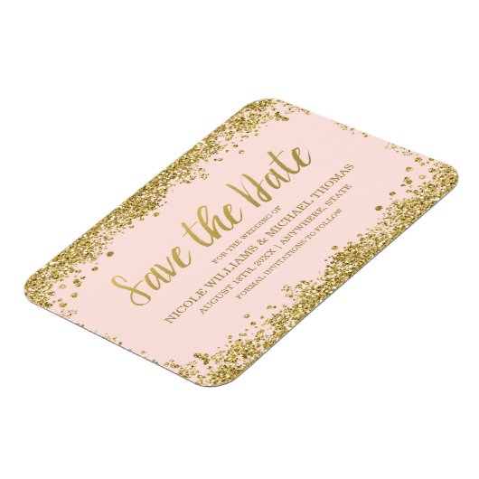 Blush Pink Gold Faux Glitter Save the Date Magneet (Linkerzijde)