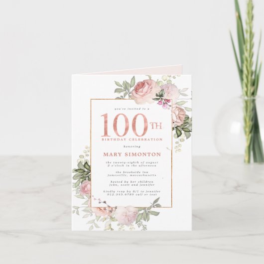 Blush Pink Gold Floral 100e verjaardag (Voorkant)