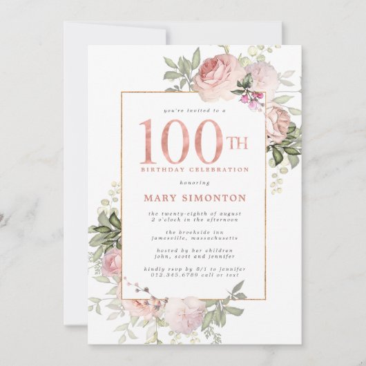 Blush Pink Gold Floral 100e verjaardag Kaart (Voorkant)