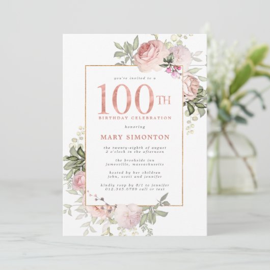 Blush Pink Gold Floral 100e verjaardag Kaart (Staand voorkant)