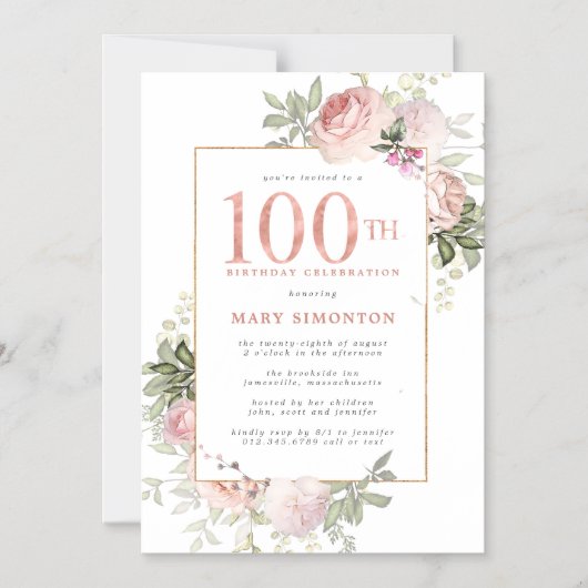 Blush Pink Gold Floral 100e verjaardag Magnetische Uitnodiging (Voorkant)