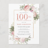 Blush Pink Gold Floral 100e verjaardag Uitnodiging Briefkaart (Voorkant)