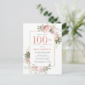 Blush Pink Gold Floral 100e verjaardag Uitnodiging Briefkaart (Staand voorkant)