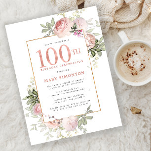 Blush Pink Gold Floral 100e verjaardag Uitnodiging Briefkaart