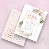Blush Pink Gold Floral 100e verjaardag Uitnodiging Briefkaart