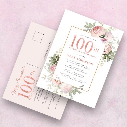 Blush Pink Gold Floral 100e verjaardag Uitnodiging Briefkaart