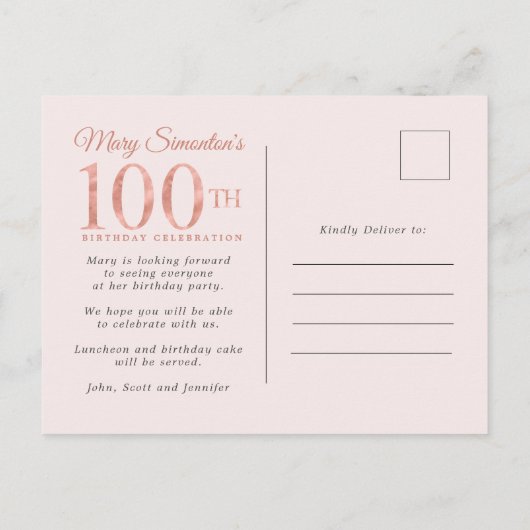 Blush Pink Gold Floral 100e verjaardag Uitnodiging Briefkaart (Achterkant)