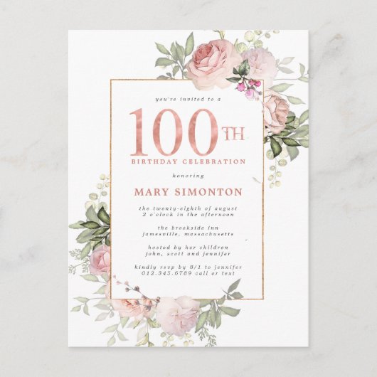 Blush Pink Gold Floral 100e verjaardag Uitnodiging Briefkaart (Voorkant)