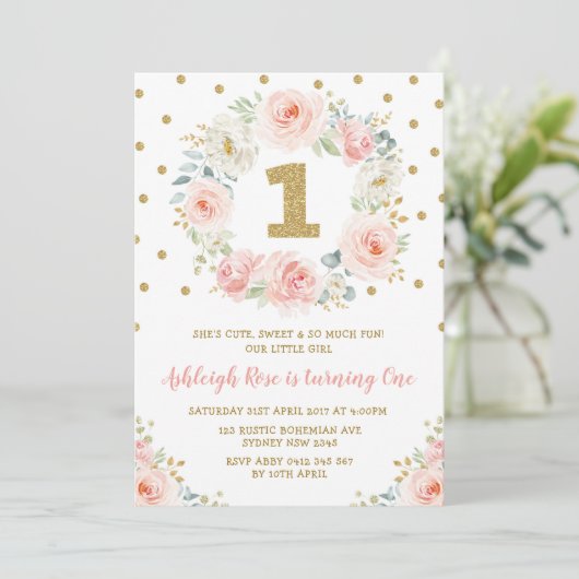 Blush Pink Gold Floral 1e verjaardag Wild One Part Kaart (Staand voorkant)