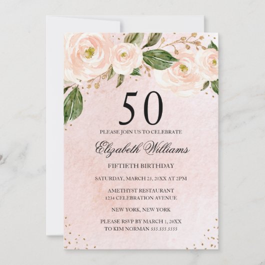 Blush Pink Gold Floral 50e verjaardag Uitnodiging (Voorkant)