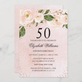 Blush Pink Gold Floral 50e verjaardag Uitnodiging (Voorkant / Achterkant)