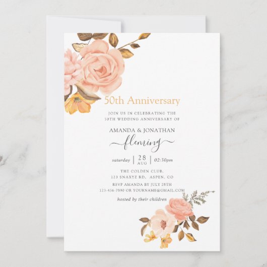 Blush Pink & Gold Floral 50th Wedding Jubileum Kaart (Voorkant)