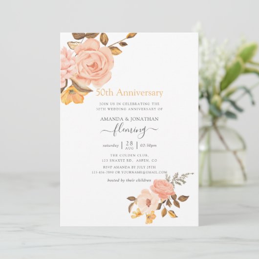Blush Pink & Gold Floral 50th Wedding Jubileum Kaart (Staand voorkant)