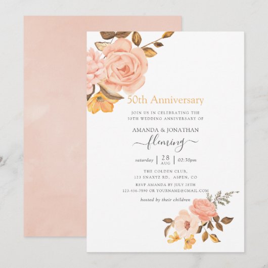 Blush Pink & Gold Floral 50th Wedding Jubileum Kaart (Voorkant / Achterkant)