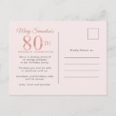 Blush Pink Gold Floral 80e verjaardag Uitnodiging Briefkaart (Achterkant)