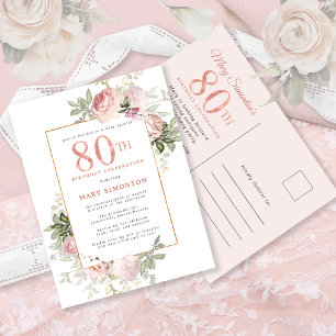 Blush Pink Gold Floral 80e verjaardag Uitnodiging Briefkaart