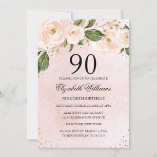 Blush Pink Gold Floral 90th Birthday Kaart