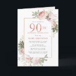 Blush Pink Gold Floral 90th Birthday Party<br><div class="desc">Eer een speciale vrouw met deze elegante en vrouwelijke 90th Birthday gevouwen partijuitnodiging. De 90ste is in grote roze tekst geschreven. De viering van de verjaardag volgt. De naam van de geëerde gast is ook in roze hoofdletters. De rest van de tekst is zachte duif grijs. De verjaardagsfeestdetails zijn omringd...</div>