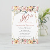 Blush Pink Gold Floral 90th Birthday Party Kaart (Staand voorkant)