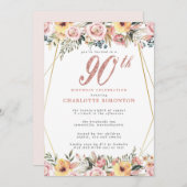 Blush Pink Gold Floral 90th Birthday Party Kaart (Voorkant / Achterkant)