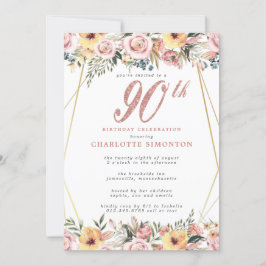 Blush Pink Gold Floral 90th Birthday Party Kaart