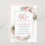 Blush Pink Gold Floral 90th Birthday Party Kaart<br><div class="desc">Eer een speciale vrouw met deze elegante en vrouwelijke 90th Birthday party uitnodiging. De 90ste wordt geschreven in grote roze tekst van het roos. De viering van de verjaardag volgt. De naam van de geëerde gast is ook in roze hoofdletters. De rest van de tekst is zachte duif grijs. De...</div>