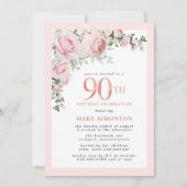 Blush Pink Gold Floral 90th Birthday Party Kaart (Voorkant)