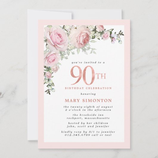 Blush Pink Gold Floral 90th Birthday Party Kaart (Voorkant)