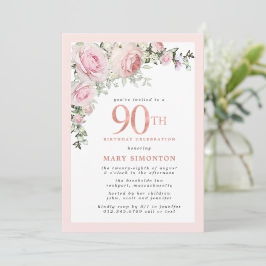 Blush Pink Gold Floral 90th Birthday Party Kaart (Staand voorkant)