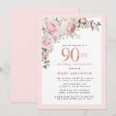 Blush Pink Gold Floral 90th Birthday Party Kaart (Voorkant / Achterkant)