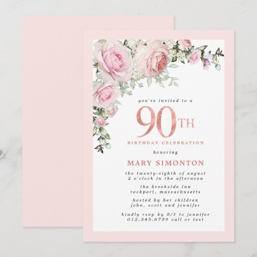 Blush Pink Gold Floral 90th Birthday Party Kaart (Voorkant / Achterkant)
