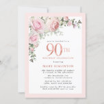 Blush Pink Gold Floral 90th Birthday Party Kaart<br><div class="desc">Eer een speciale vrouw met deze elegante en vrouwelijke 90th Birthday party uitnodiging. De 90ste is in grote roze tekst geschreven. De viering van de verjaardag volgt. De naam van de geëerde gast is ook in roze hoofdletters. Blush roze rozen en sage green bladeren creëer een mooie spoelspray bovenaan. Hoewel...</div>