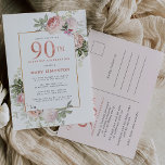 Blush Pink Gold Floral 90th Birthday Party Uitnodiging Briefkaart<br><div class="desc">Eer een speciale vrouw met deze elegante en vrouwelijke 90th Birthday party uitnodiging. De 90ste is in grote roze tekst geschreven. De viering van de verjaardag volgt. De naam van de geëerde gast is ook in roze hoofdletters. De rest van de tekst is zachte duif grijs. De verjaardagsfeestdetails zijn omringd...</div>