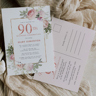 Blush Pink Gold Floral 90th Birthday Party Uitnodiging Briefkaart