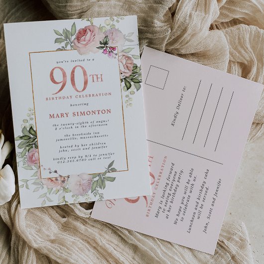 Blush Pink Gold Floral 90th Birthday Party Uitnodiging Briefkaart