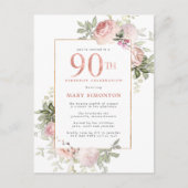 Blush Pink Gold Floral 90th Birthday Party Uitnodiging Briefkaart (Voorkant)
