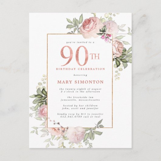 Blush Pink Gold Floral 90th Birthday Party Uitnodiging Briefkaart (Voorkant)